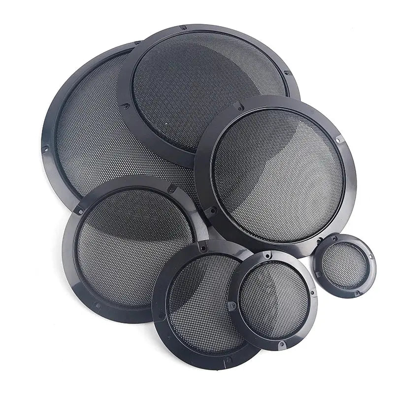Six black speaker grilles in multiple sizes for car and home use, with metal mesh and plastic frames