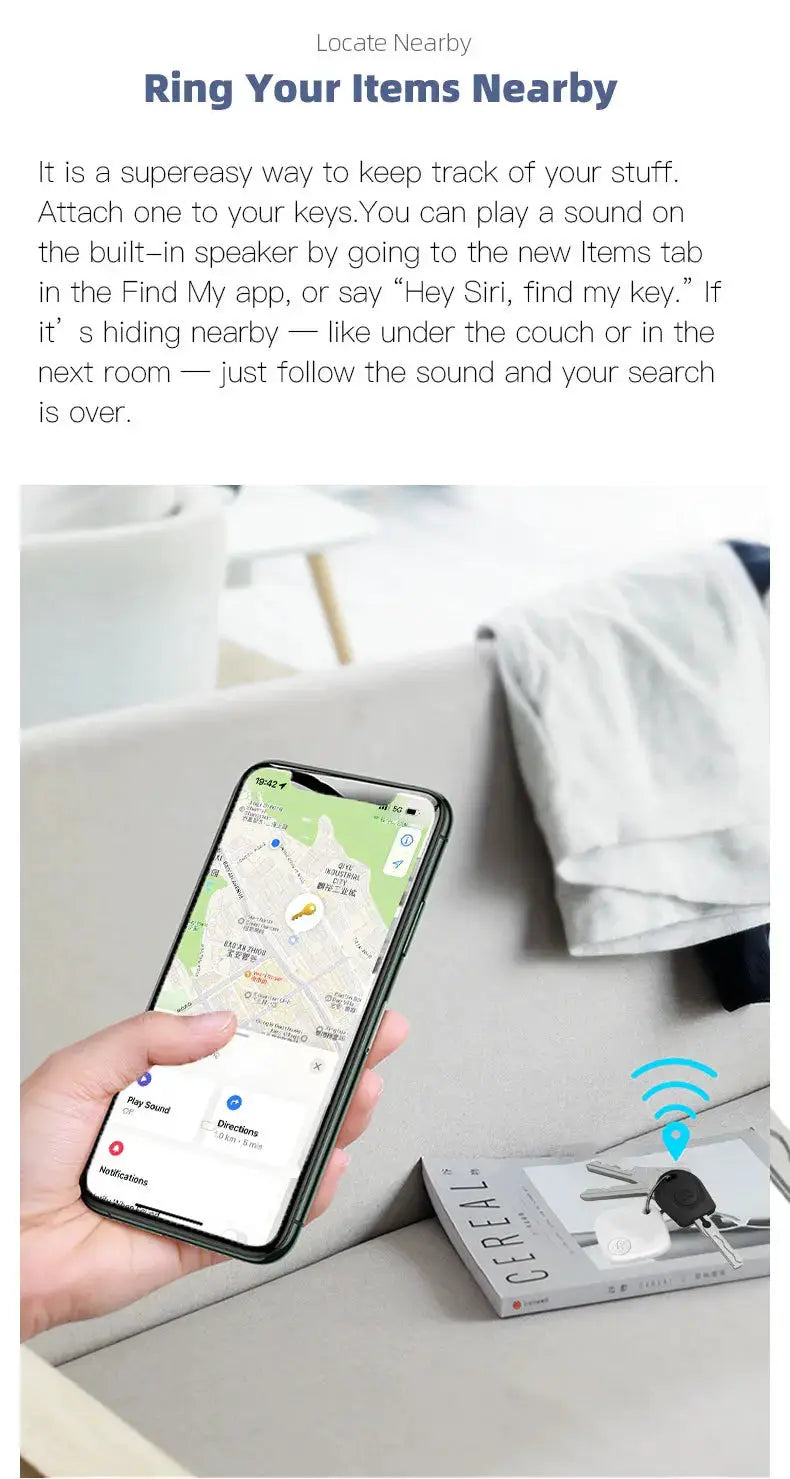 Simples Market Bluetooth mini tracking device; black round tag beside keys with iPhone map screen