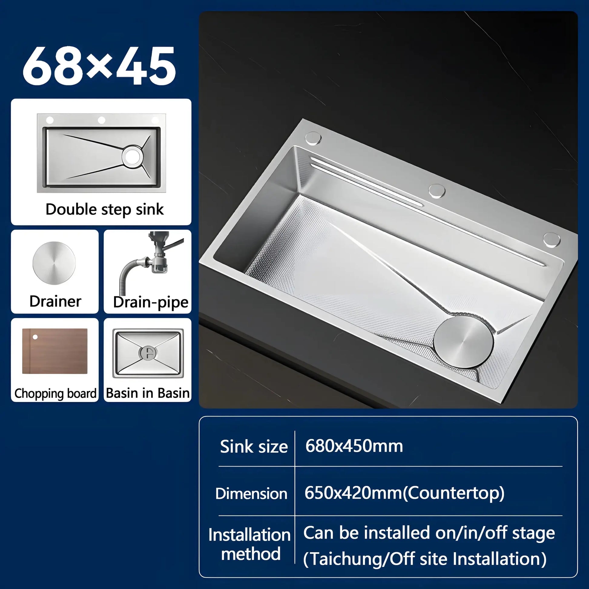 Simples Market 304 stainless steel kitchen sink with embossed silver finish, large single-slot wash basin 680x450mm