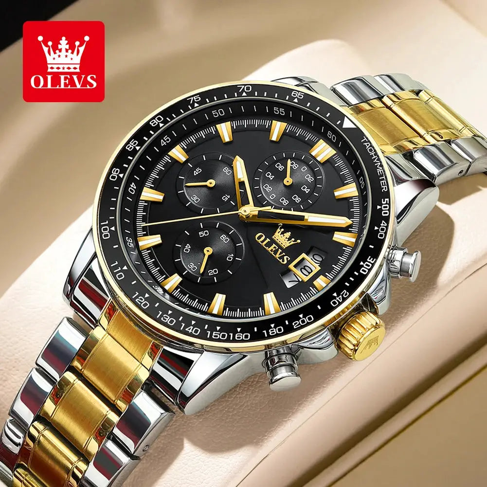 OLEVS TY705 men's wristwatch with black dial, gold accents, and two-tone gold/silver bracelet; chronograph.
