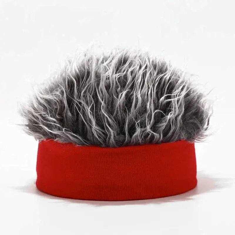 Cosplay wig cap by Simples Market; red knitted band with gray faux-fur top.
