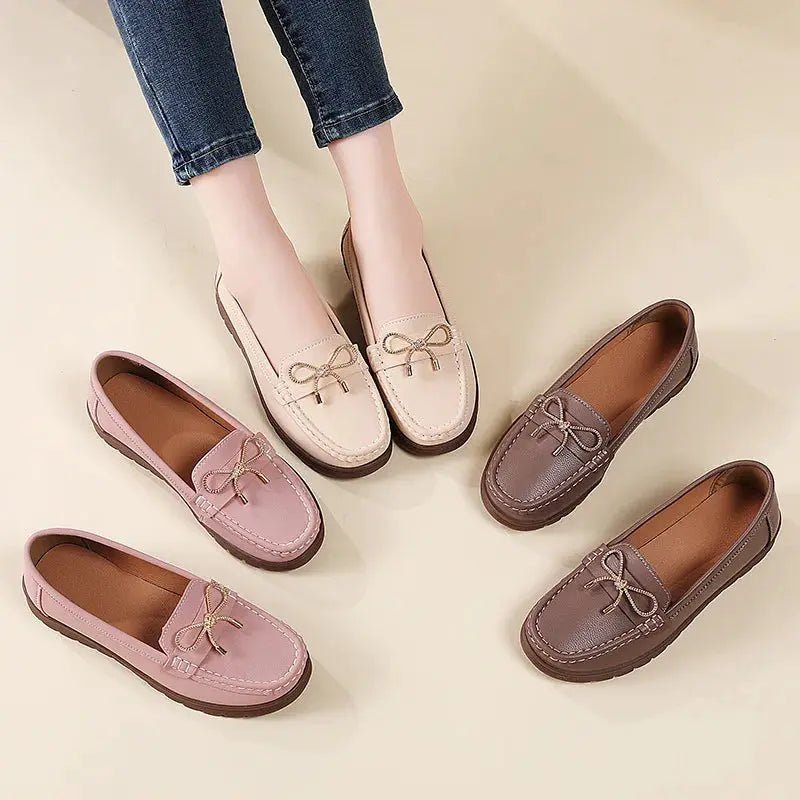 StrideWell Autumn Leather Slip On Flats For Women Comfortable Round Toe Low Heel Travel Work Everyday