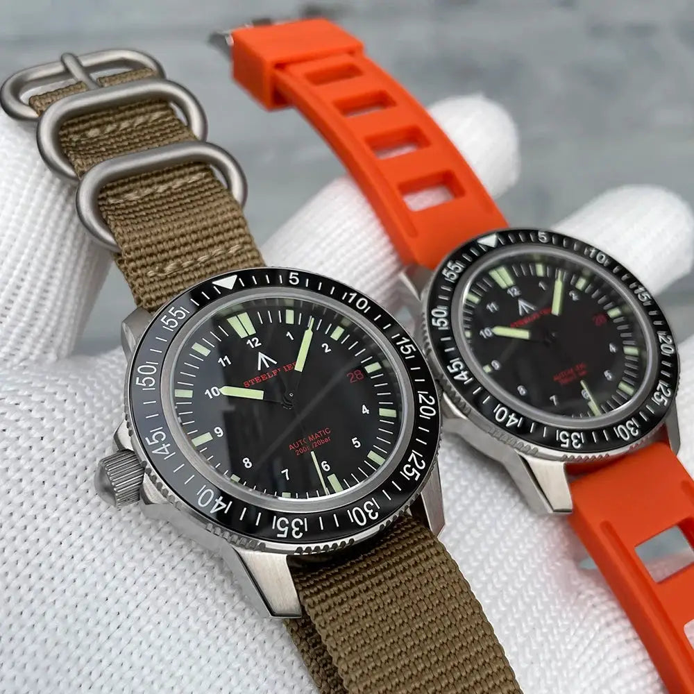 STEELFLIER SF783 automatic dive watches with ceramic bezel; luminous; 20Bar; beige nylon and orange silicone straps (2)