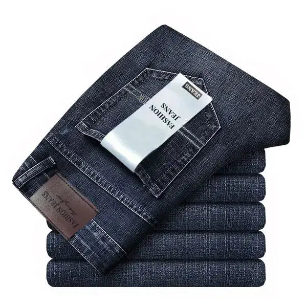 Denim jeans for men, dark blue, Simples Market brand, straight-leg casual workwear, stack of several