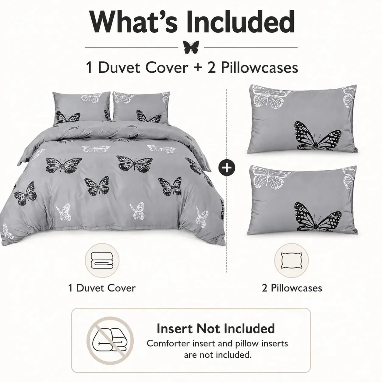 Gray butterfly duvet cover set by Simples Market with two pillowcases; 3-piece bedding with butterfly prints