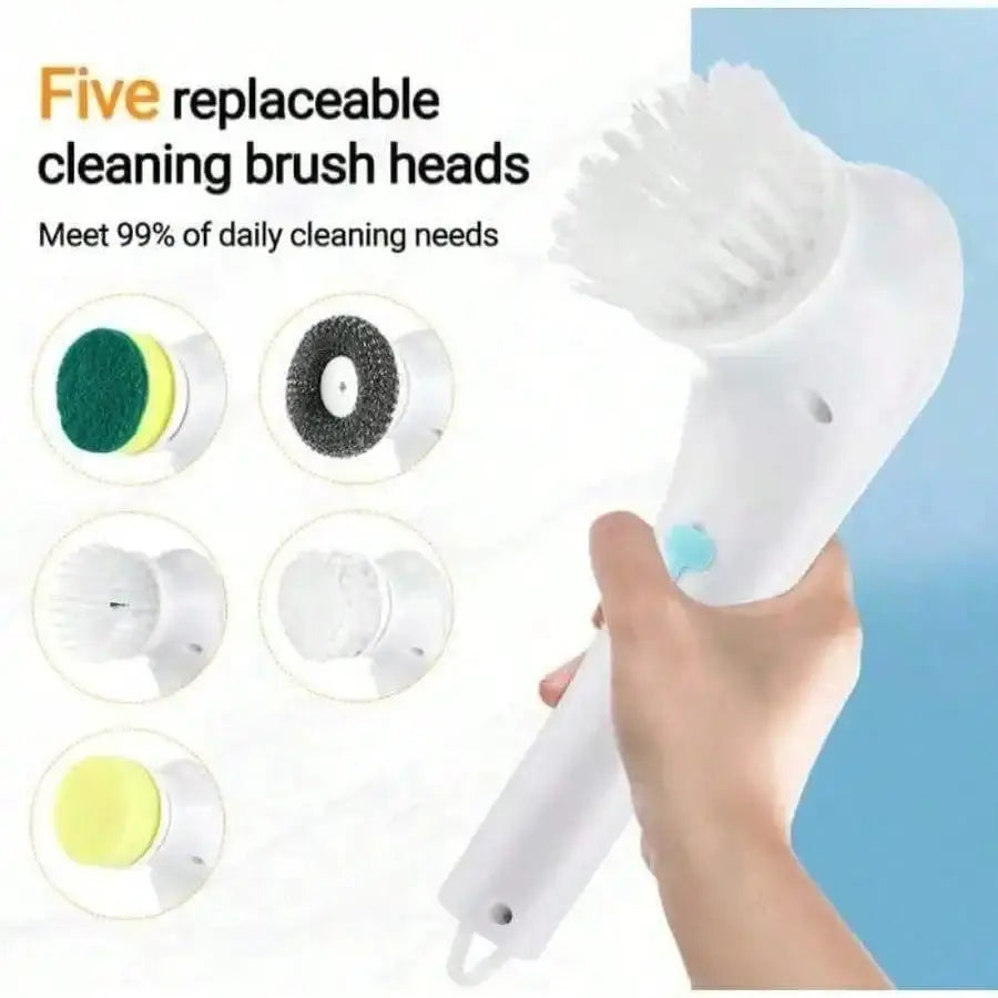 Electric cleaning tool with five replaceable brush heads in green, yellow and black; kitchen and bathroom scrubber.