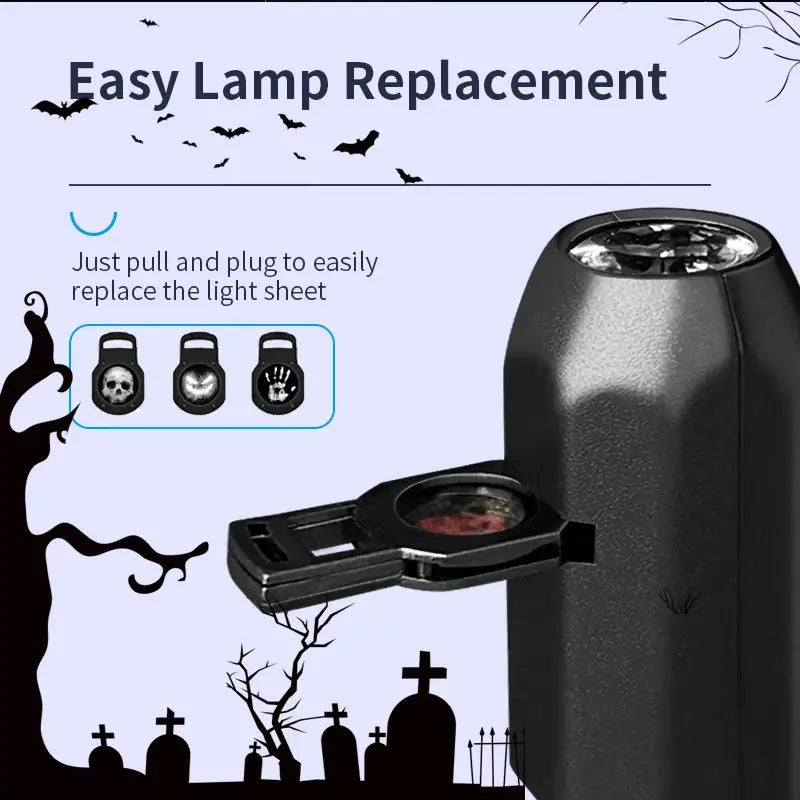 Halloween USB Projector Light Skull NightLight LED Lamp, black, 360-degree rotating with switchable patterns