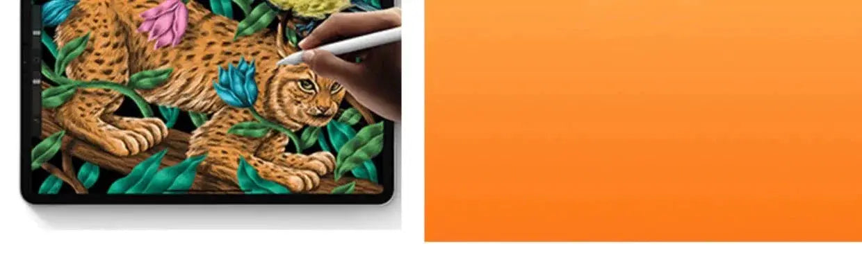 Universal stylus pen for tablets and phones; two-panel shows white pen on tablet with tiger artwork and orange gradient