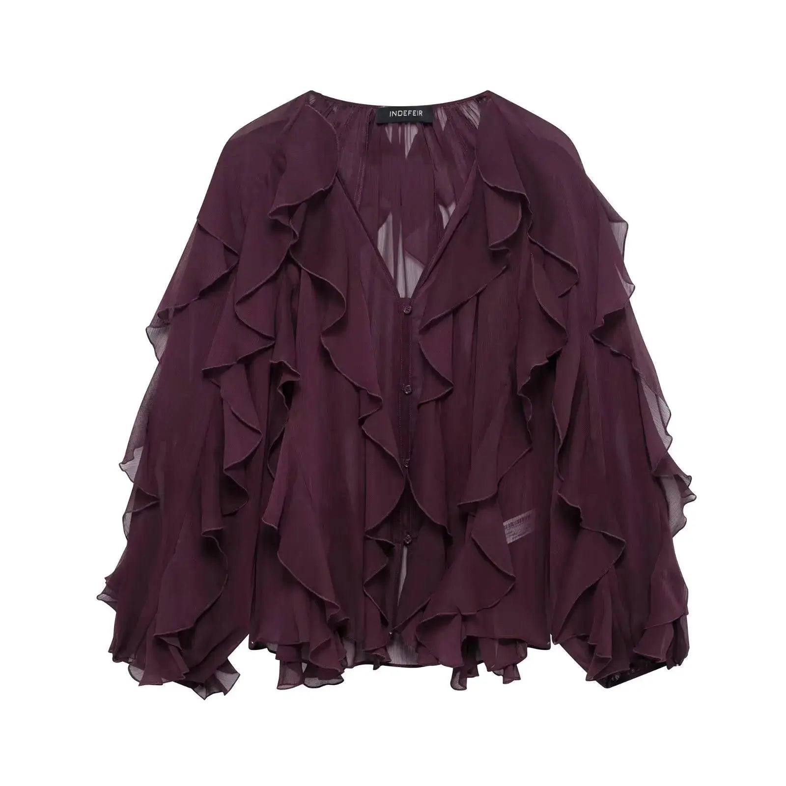 Women's plum chiffon blouse with cascading ruffles, sheer sleeves and button front