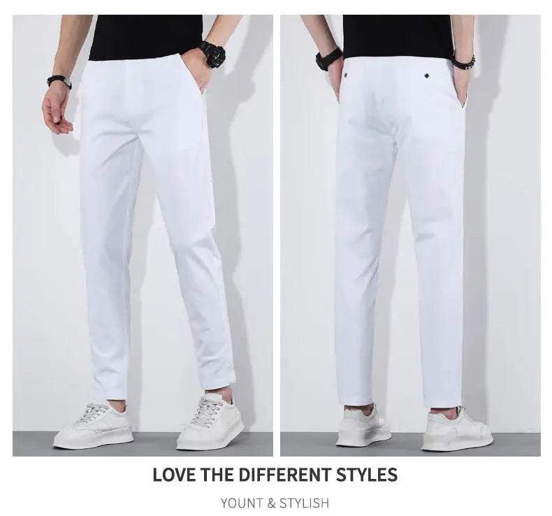 HIQOR men's white cotton casual pants by Simples Market; breathable summer trousers, front and back views