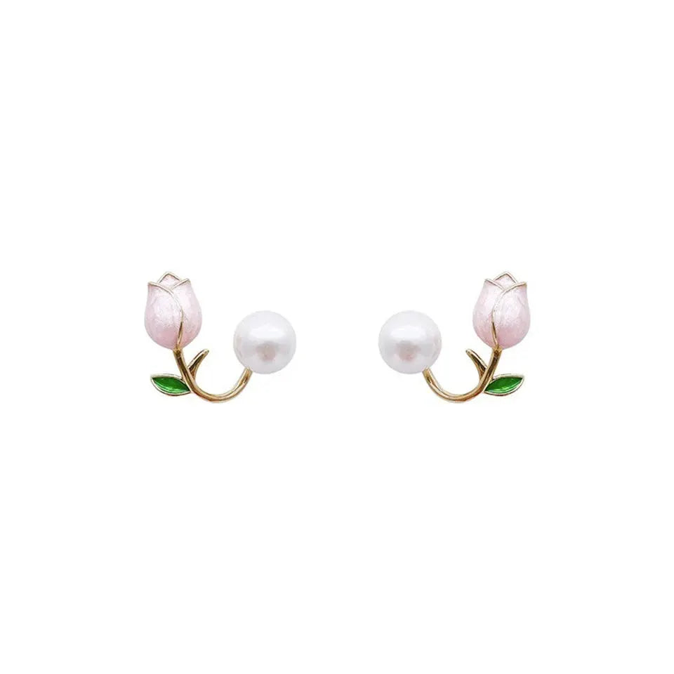 ZAKOL Fresh Rose Stud Earrings With Imitation Pearl Sweet Pink Tulip For Women Trendy Jewelry