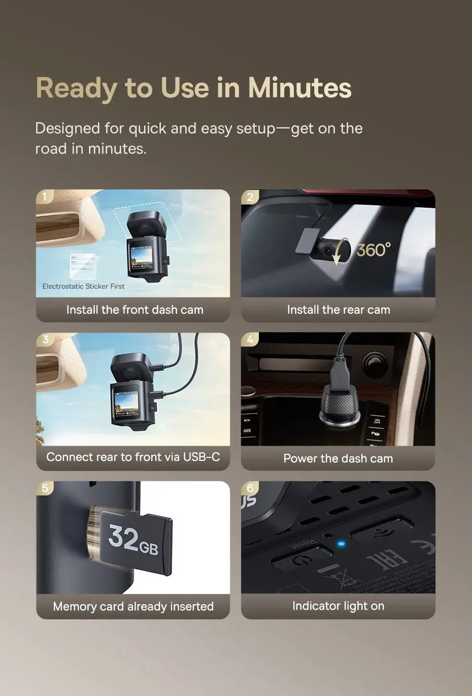 Baseus VD1 Pro dash cam; six-step setup illustration showing front and rear cameras, USB-C, memory card, and indicator light.
