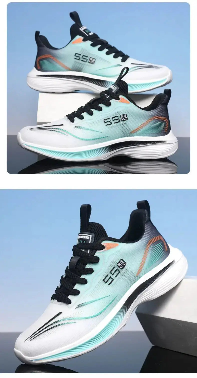 Pair of Simples Market men's running shoes in white-teal gradient with black laces