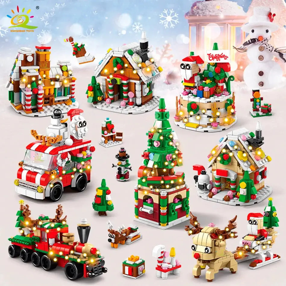 HUIQIBAO 6 In 1 Christmas Building Blocks Set Elk Deer Santa Claus Snow House Xmas Tree Bricks Toys for Children Gifts