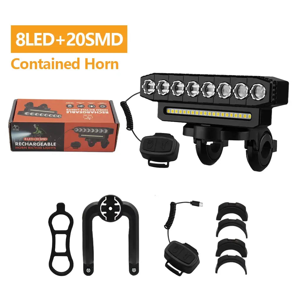 USB Rechargeable Bike Front Light With 120dB Horn Waterproof 6 Lighting Modes Bicycle Bell Easy To Install