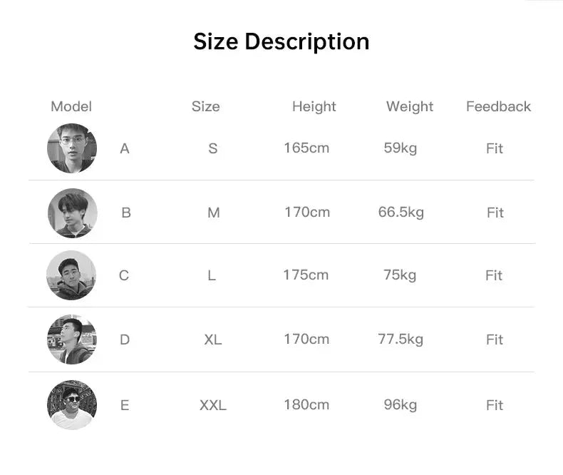 Maden Winter men's stand-up collar down jacket size chart with models A–E and sizes S–XXL.