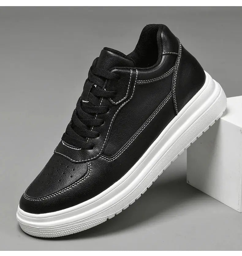 Men's black leather elevator sneakers with white chunky sole and contrasting stitching