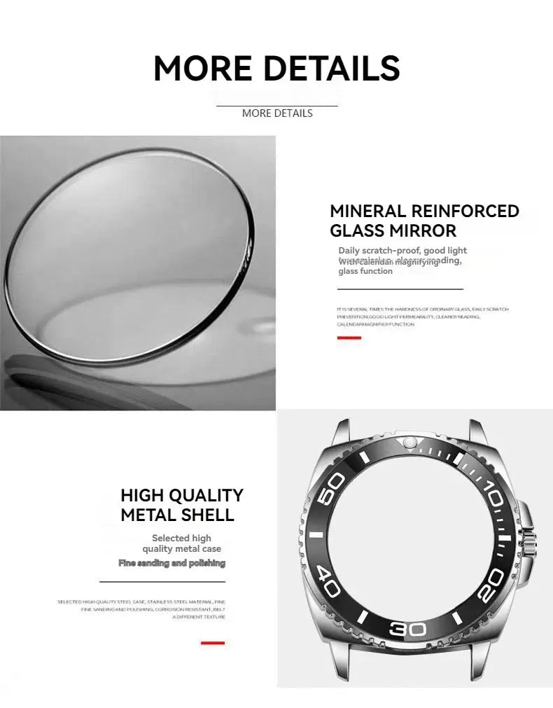 RUIGE men's stainless steel mechanical watch with black bezel and crown; shows glass mirror and metal shell components.