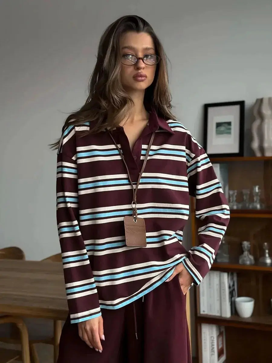 Autumn Striped Contrast Long Sleeve Polo Shirt For Women Button Lapel