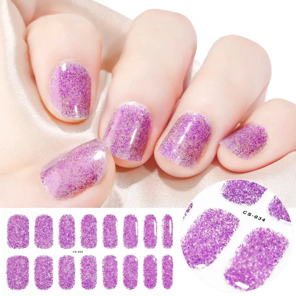 Simples Market purple glitter gel nail wrap set, full-cover semi-cured adhesive decals for UV lamp manicures
