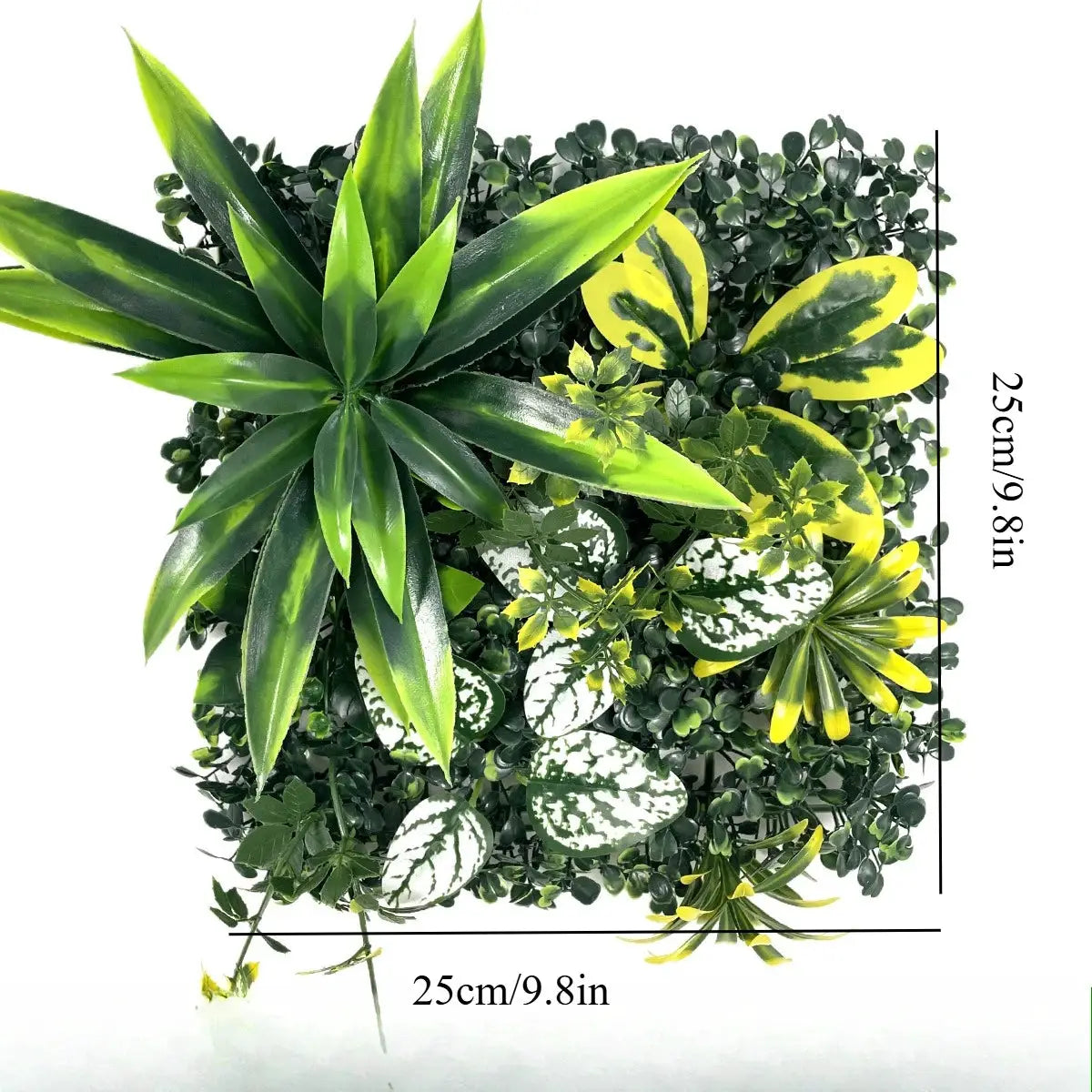 Artificial grass wall panel by Simples Market; boxwood hedge with variegated tropical leaves, 25x25 cm