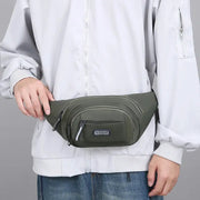Men's waist pack by Simples Market, olive green slim design with multiple zip pockets.
