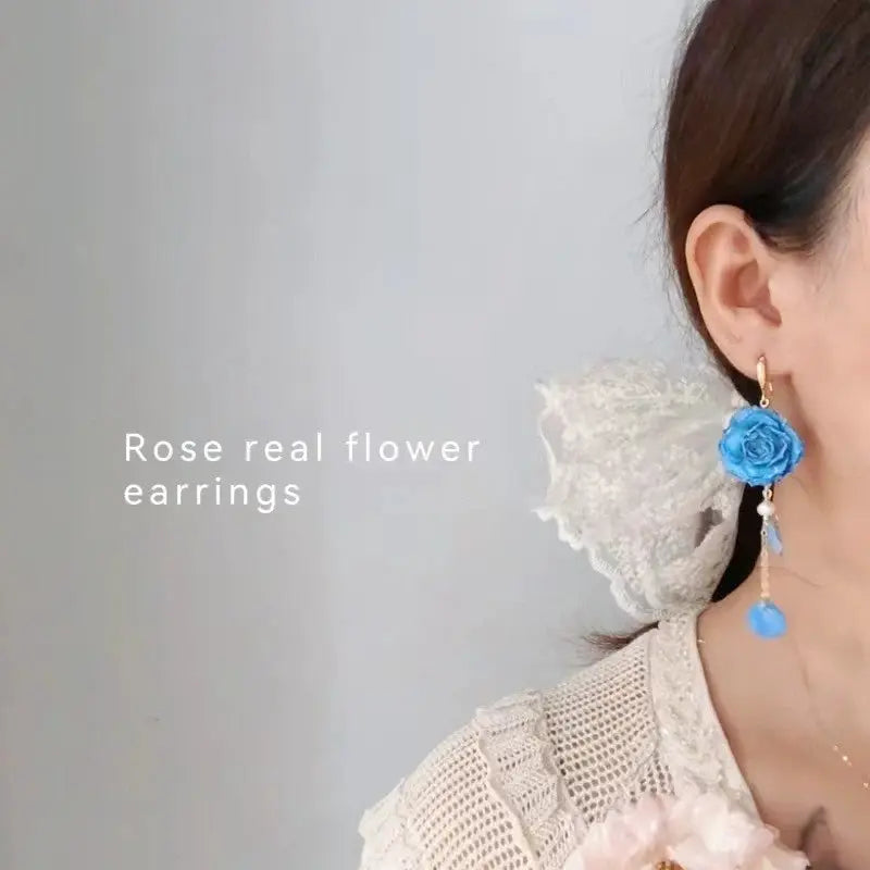 Long blue rose real flower earrings in epoxy resin with gold hoop and pearl drop