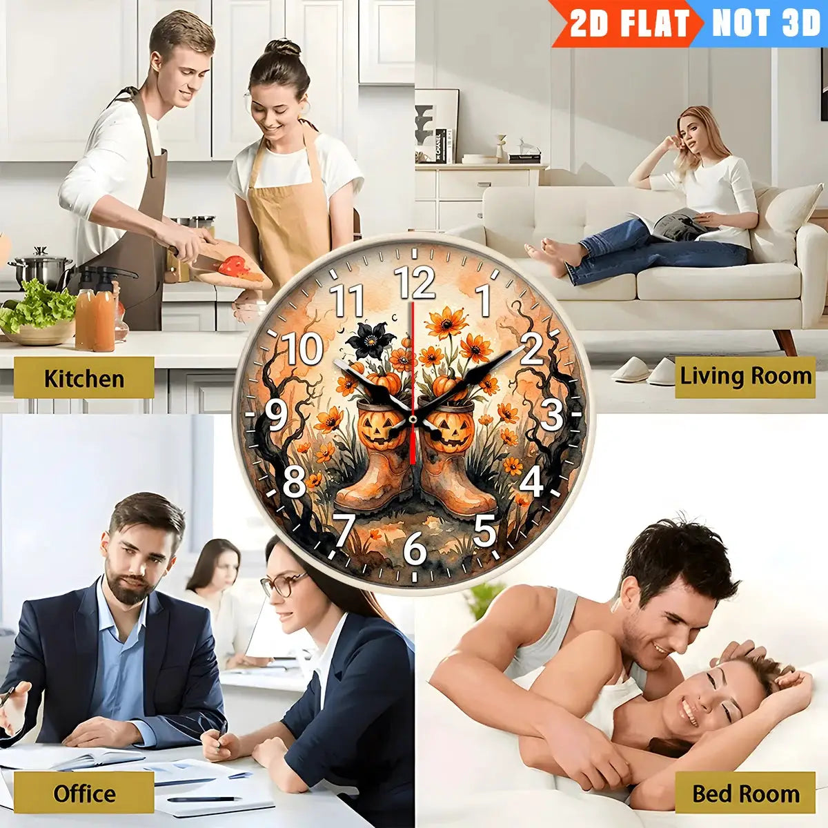 Round wall clock with pumpkin head boots, 10-inch orange floral design, battery-powered clock by Simples Market