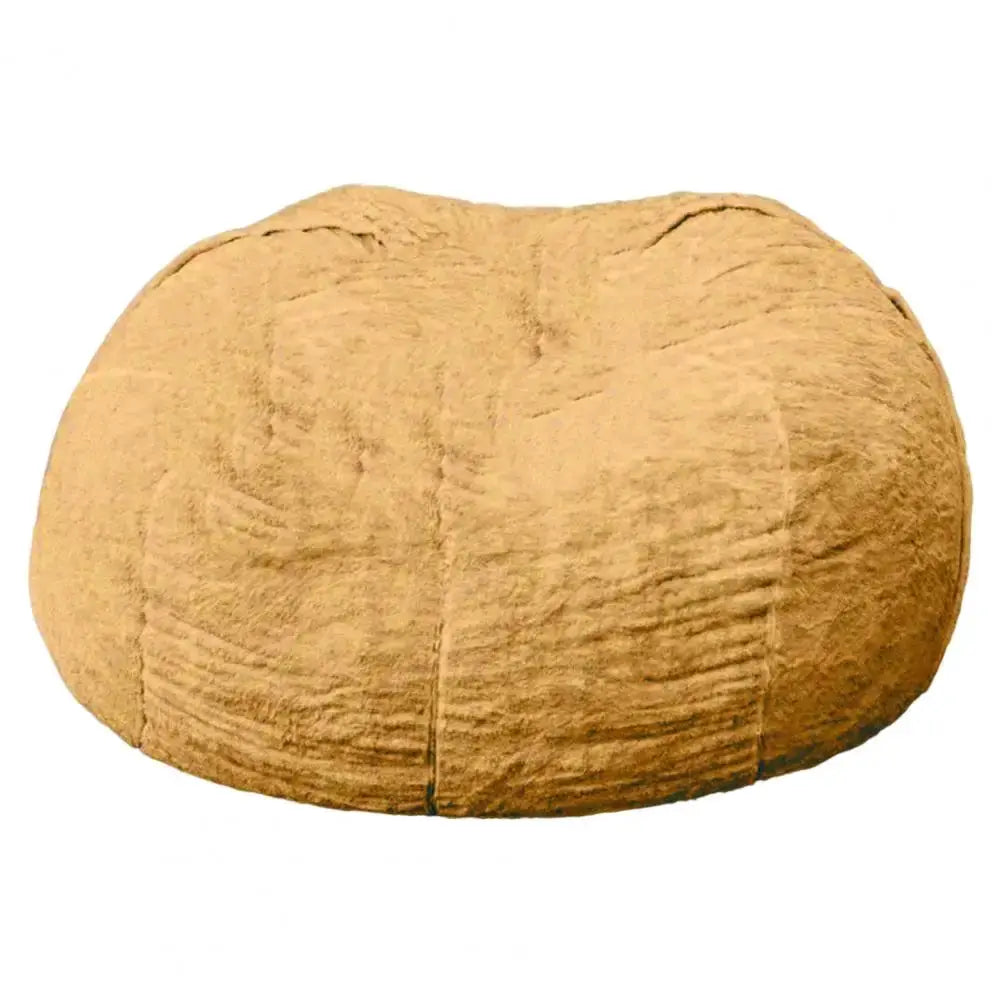 Giant tan bean bag chair with plush fabric cover for relaxed lounge seating