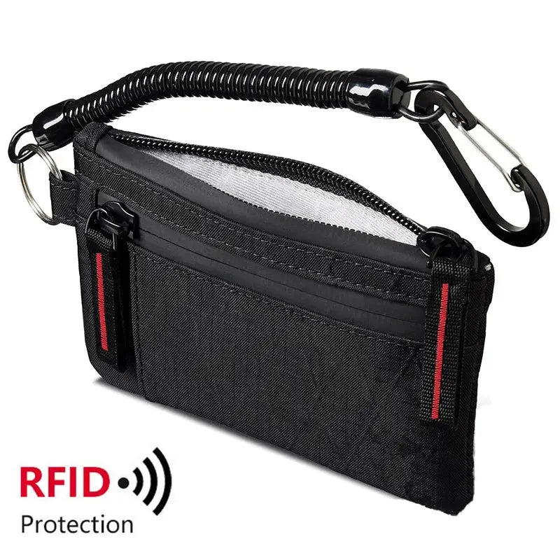 Zipper RFID wallet by Simples Market in black nylon with mini coin purse and carabiner