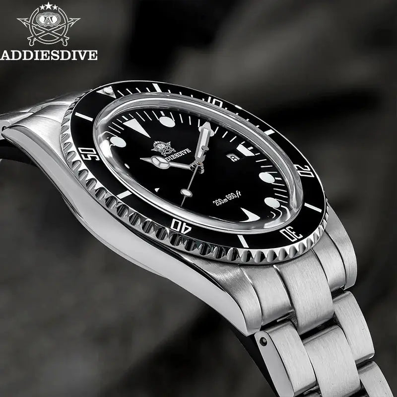 ADDIESDIVE luxury men's analog diver's watch with stainless steel bracelet and ceramic bezel