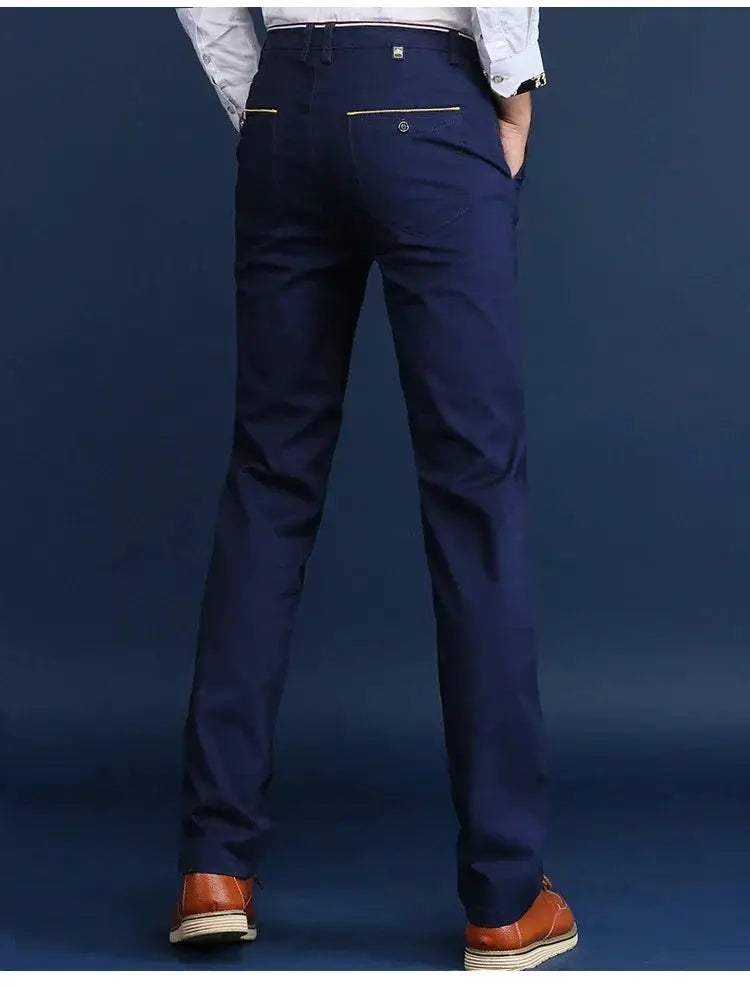 Men's navy cotton casual trousers by Simples Market with gold pocket piping
