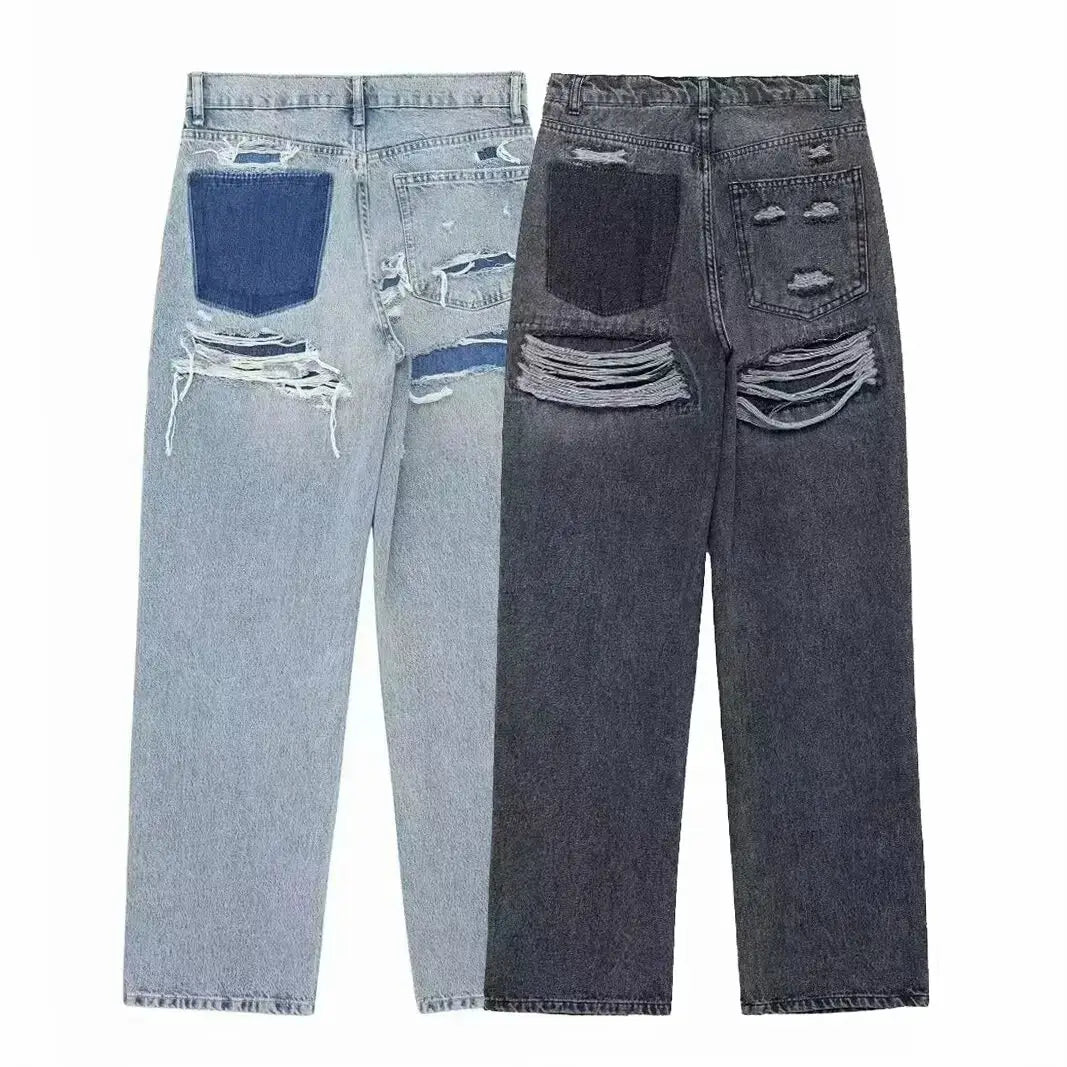HH 2024 Womens Distressed Patchwork Denim Jeans High Waist Ripped