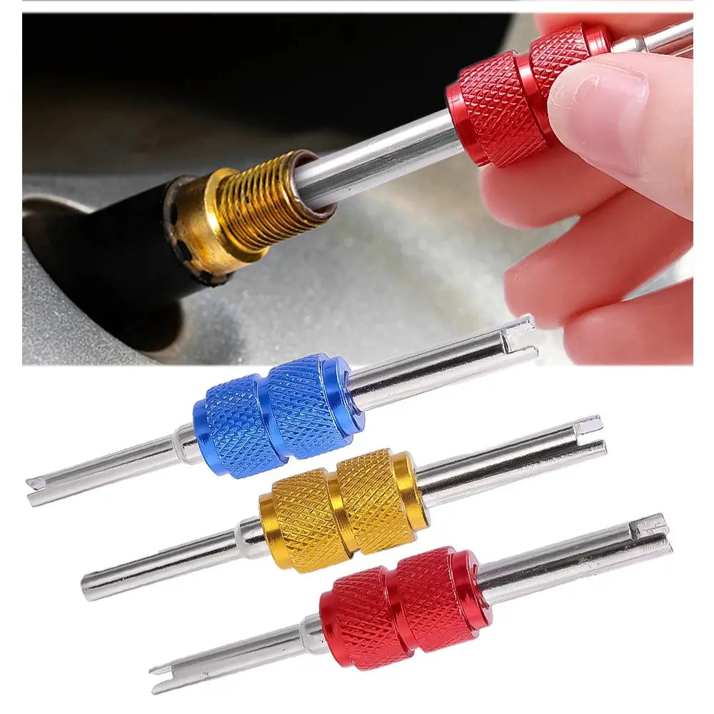 Tire valve core remover screwdriver tool set; blue, gold, and red knurled grips, 3-piece universal kit.