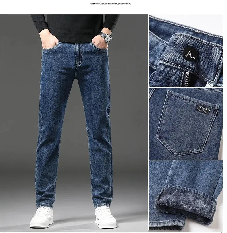 Men's blue fleece-lined denim jeans, slim straight fit with rolled cuffs