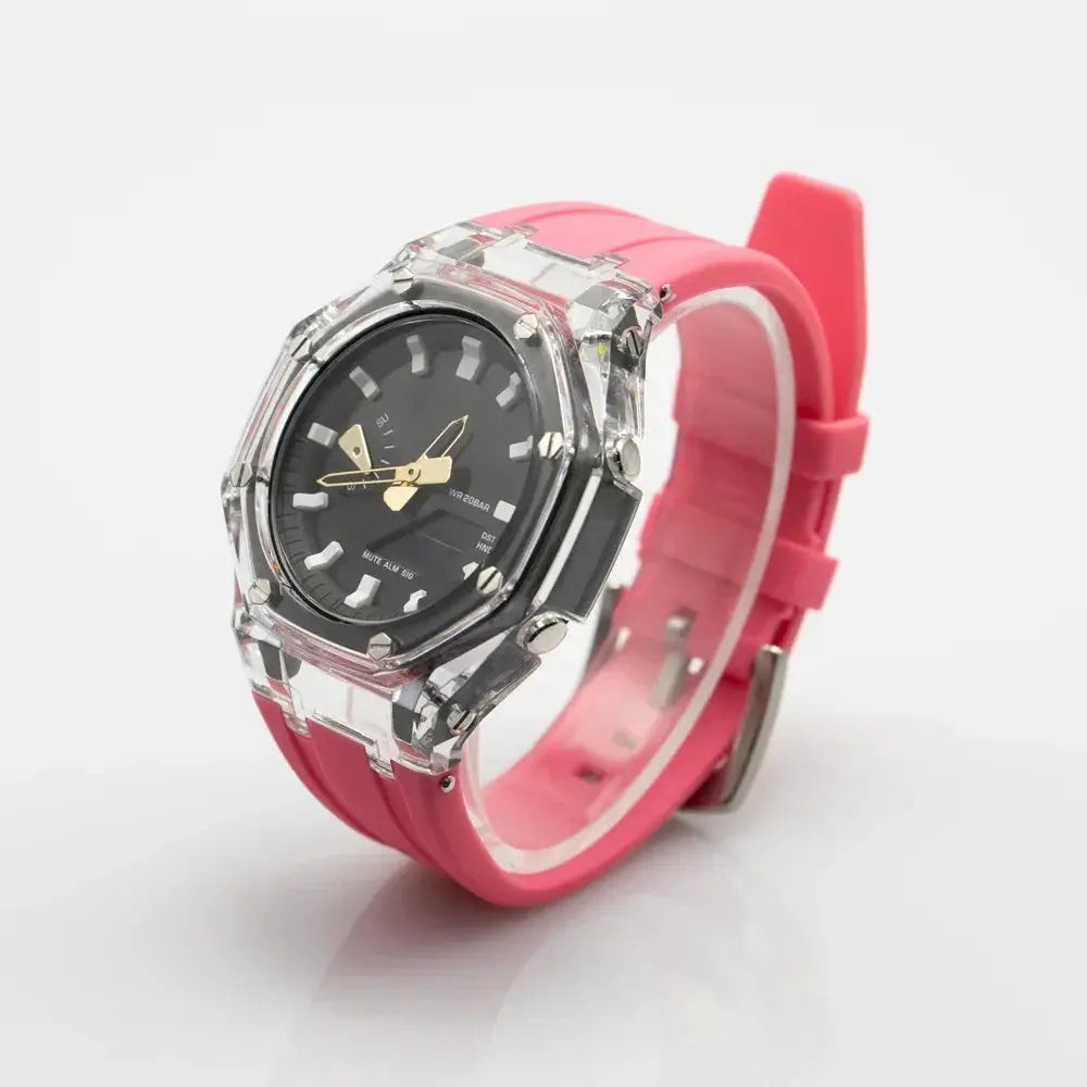 Transparent Casioak mod kit with clear PC case and pink silicone strap for GA2100/GA2110 by Simples Market
