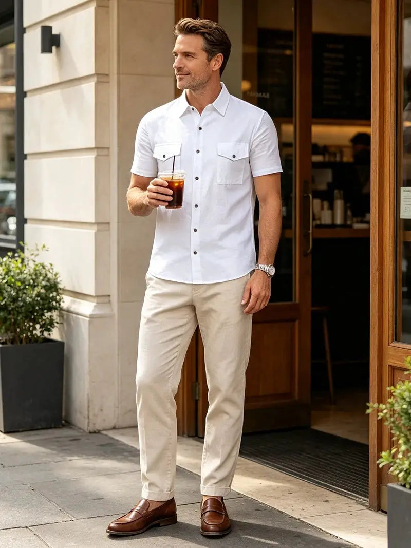 Men's white linen short-sleeve button-up shirt with two chest pockets, breathable casual summer top