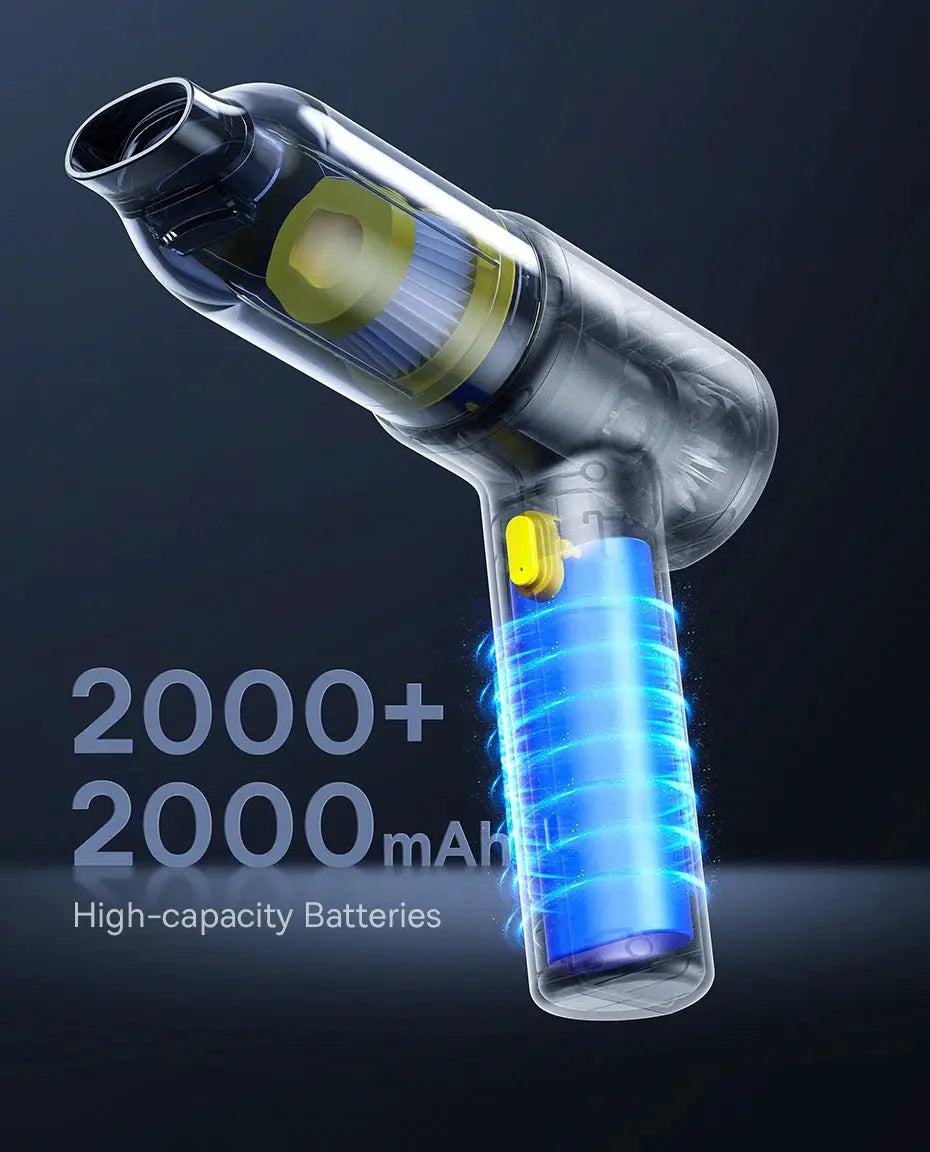 Car vacuum cleaner cordless air blower gun with transparent housing, blue battery, and yellow switch.