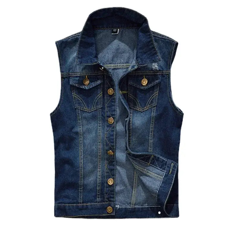 Men's denim vest with gold buttons, light blue washed denim, chest pockets.