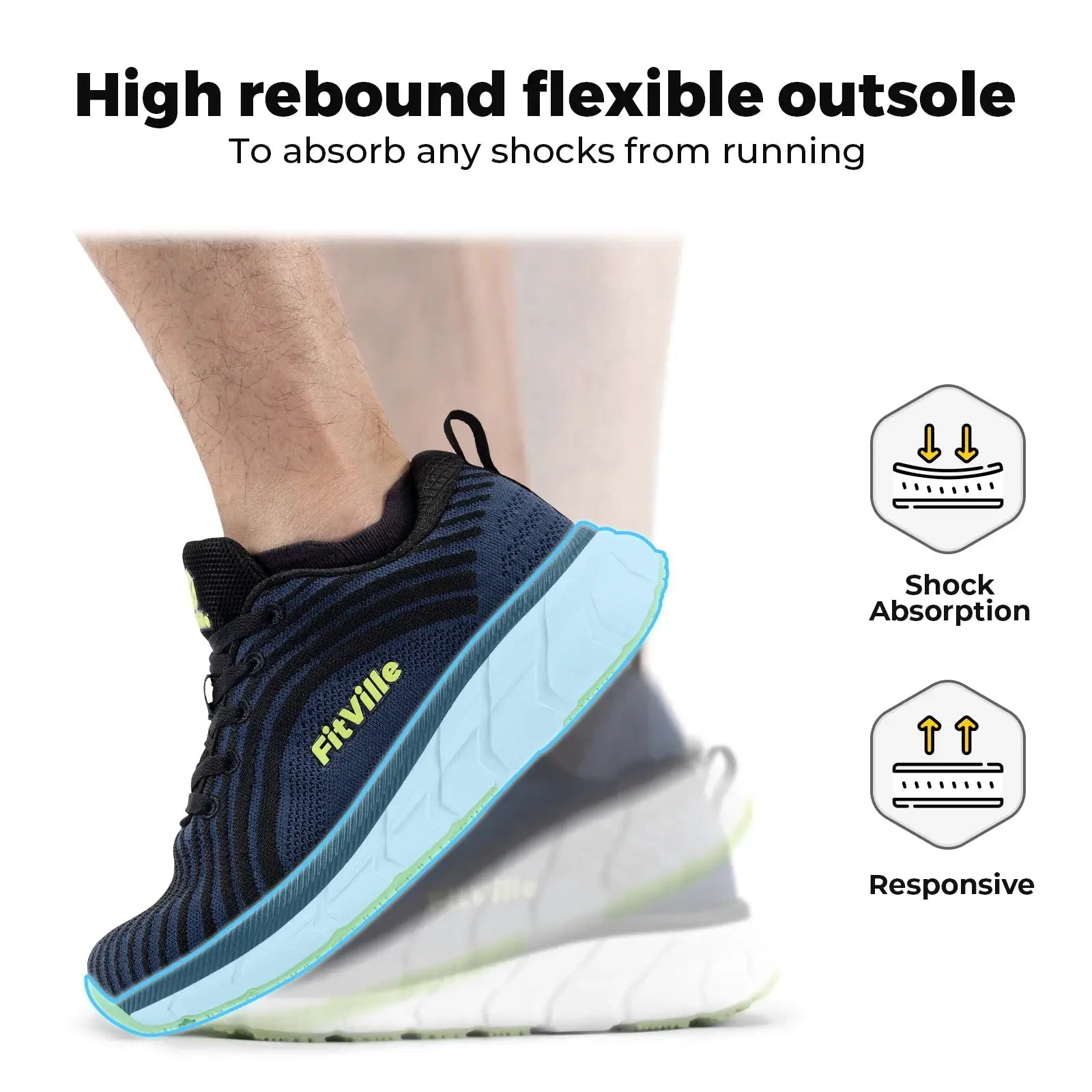 FitVille men's wide-toe-box cushioned running shoes in navy blue with light-blue outsole