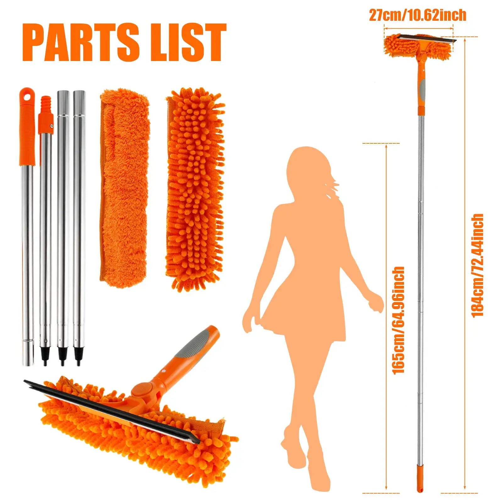 Extendable window cleaning tools set by Simples Market with 180° rotatable head and orange microfiber heads