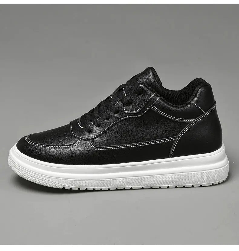 Men's black leather elevator sneakers with white sole by Simples Market, height-increasing casual shoes