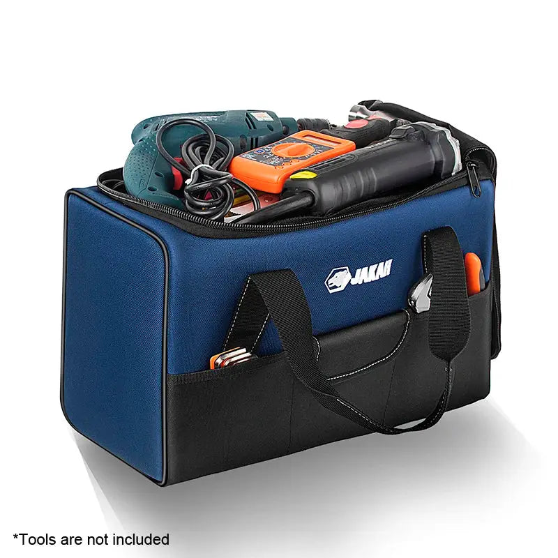 Simples Market Heavy Duty Polyester Tool Bag, blue with black base, dual handles; tools atop (not included).