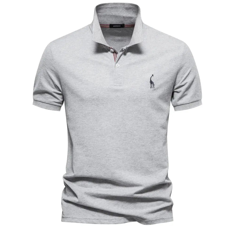 Men's gray cotton polo shirt with short sleeves and embroidered giraffe logo on chest