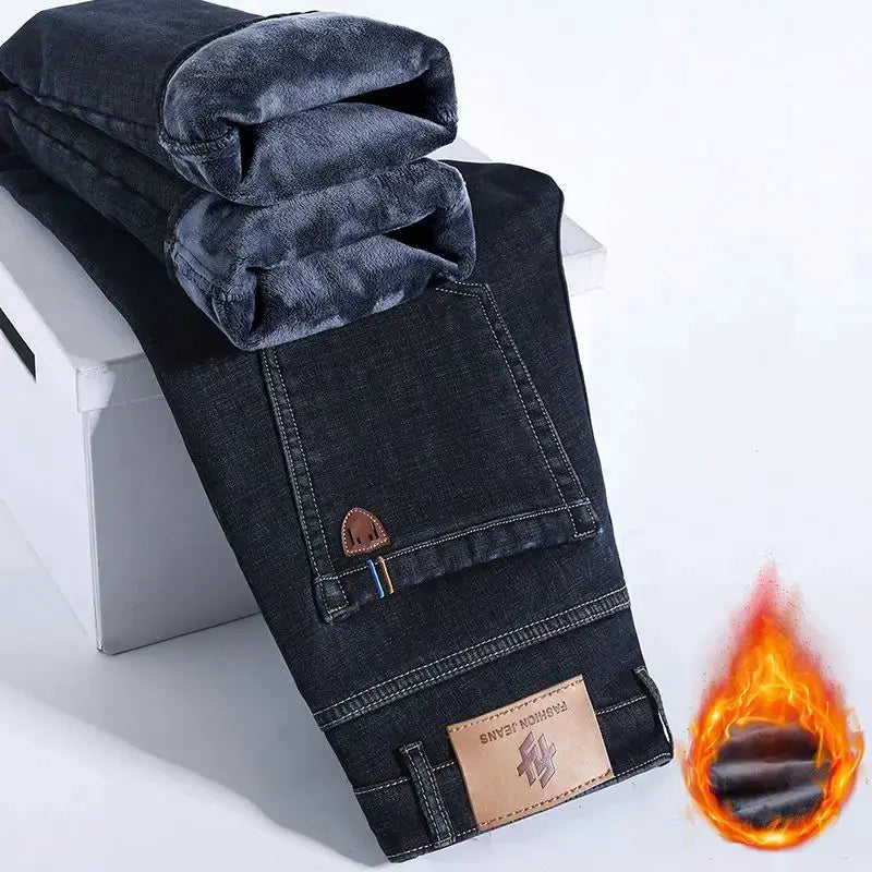 Men's fleece-lined dark indigo denim jeans, straight-leg work trousers by Simples Market
