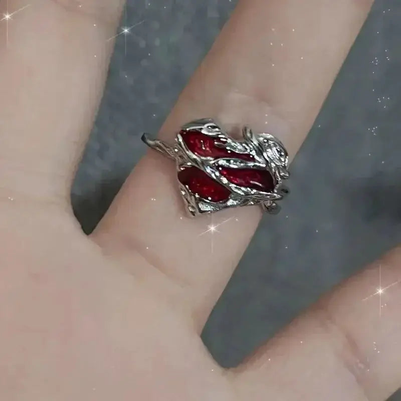 Goth punk open ring with red crystal heart and cross-geometry design in silver-tone metal