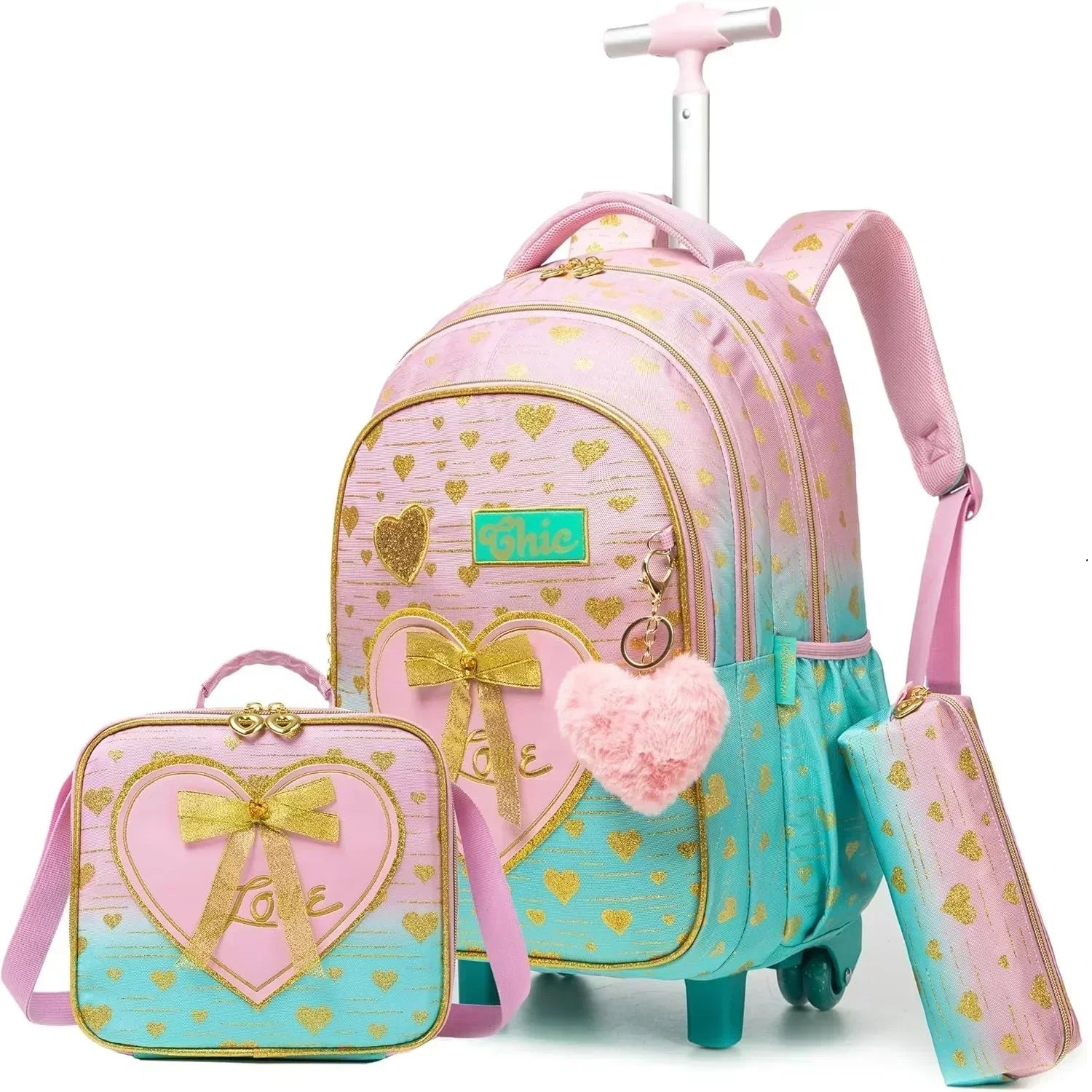 Children's wheeled backpack set with lunch box, pastel pink with gold hearts and teal base