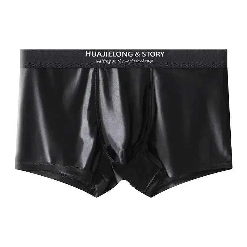 Boxers for men by Simples Market in black satin-like fabric with HUAJIELONG & STORY waistband and breathable mesh crotch
