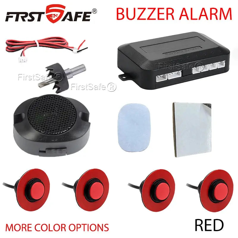 12V four red flush-mount parking sensor kit from Simples Market with buzzer, wiring, speaker, and adhesive pads