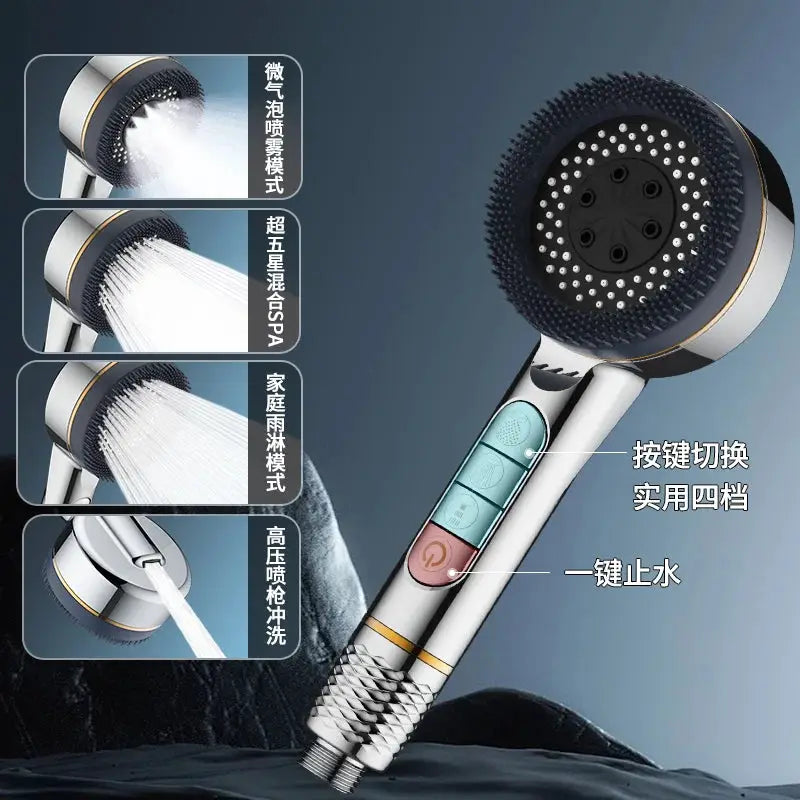 Simples Market shower head with filter, chrome finish, 4 modes for high-pressure water massage.
